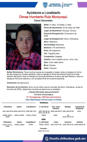 Buscan a joven desaparecido en Moris