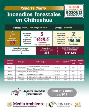 Registran cinco incendios forestales activos en la Sierra, Guerrero y Madera