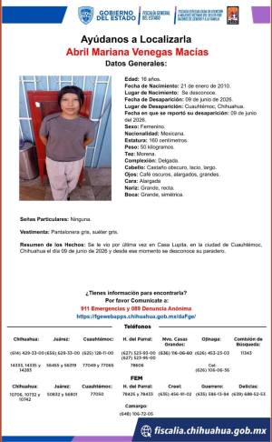 Buscan a jovencita de 16 a&ntilde;os desaparecida
